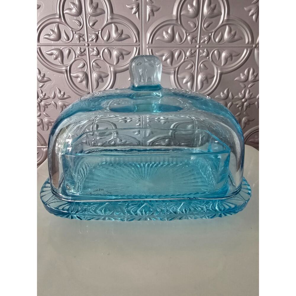Vintage Ice Blue Glass Butter/Cheese Dish With Lid Unbranded, Heavy